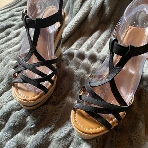 Black Strappy Wedge Sandals - Women